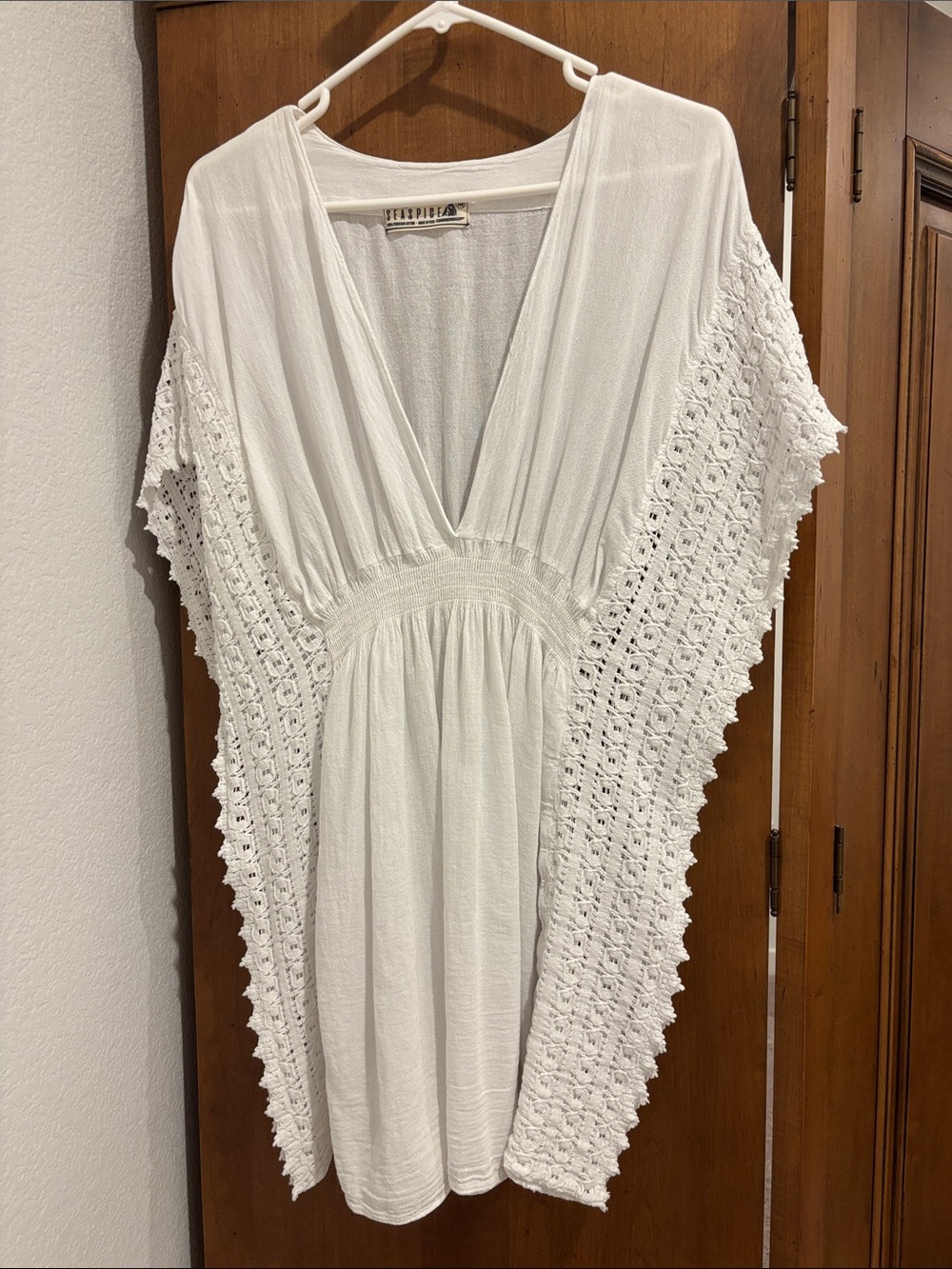 Swim Cover Up - White Crochet Panel V-Neck Tunic Style